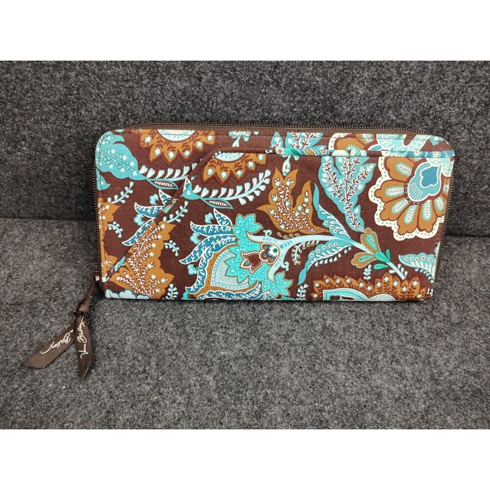 Vera Bradley Java Blue Travel Organizer Wallet Passport Brown Teal Zip